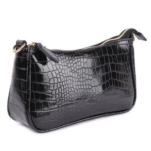 Black Faux Croc Convertible Shoulder & Crossbody Bag – Minimalist Essential
